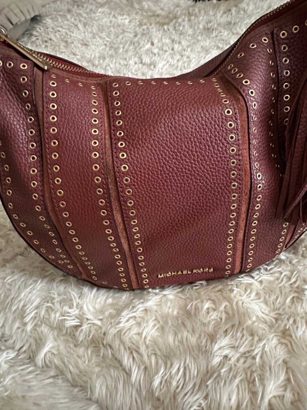 Michael Kors Wine Red Leather Studded Shoulder Bag with Tassel